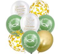 30 Globos de Primera Comunión de Látex de 30cm, Color Verde, Dorado y Blanco, para Niñas y Niños, 5 Diseños