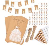 30 juegos de tarjetas de boda de madera con sobre, juego de juego Errate el vestido para la fiesta de novia con tarjetas, lápices, clips de corazón y cordones, juegos de aspecto rústico natural como