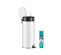 SONGMICS Cubo de Basura Redondo, Basurero con 15 Bolsas, Pedal de Metal, Cubeta Interior Extraíble de Plástico, Asa, Cierre Amortiguado, Acero, 30 L, Blanco Nube LTB031WZ02