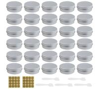 30 latas vacías de aluminio plateadas con 2 etiquetas redondas y 5 cucharas para máscaras, latas de aluminio para cuentas, botones, colgantes