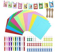 30 marcos de fotos de papel multicolor, bolsas de fotos con chinchetas, marcos de fotos de cartón en 10 colores con pinzas de madera, pequeñas y cuerda de cáñamo, marco de fotos de papel creativo para