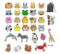 30 parches de animales bordados, 1 bolsa de almacenamiento negra, parches de dibujos animados, parches de animales, adecuados para abrigos, pantalones, faldas, mochilas
