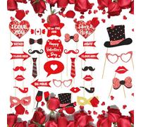 30 piezas de accesorios para fotomatón para el día de San Valentín, para amantes felices, accesorios para selfies, divertidos lentes de labios con corazón rojo, sombrero de barba, copa de vino