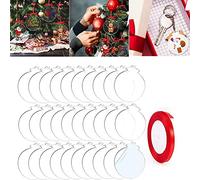 30 piezas de adornos redondos transparentes de Navidad para árbol de bricolaje, con cinta roja, decoración en blanco y colgante para vacaciones, acrílico personalizado (7,5 cm de diámetro)