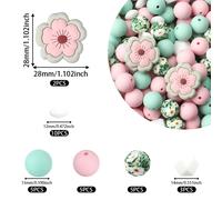 30 Piezas de Cuentas de Silicona Retro con Flores - Rosa y , Cuentas Redondas Impresas de 15mm para Decoraciones Florales de , Joyería, Aretes, Collares, Regalos de , Accesorios de Cuentas