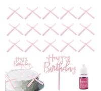 30 Piezas Decoración de Pastel de Lazo Rosa + 1 Cake Topper Happy Birthday + Colorante Alimentario Rosa 5ml, Decoracion Tartas Cumpleaños, para Baby Shower Bodas y Fiestas de Cumpleaños