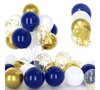 30 Piezas Globos Azul Marino y Dorado, 12 Pulgadas Dorados Cromado Metalizados Confeti Globos, Latex Helio Azul Blanco Dorado Globos con Cinta para Cumpleaños Niños Baby Shower Fiesta Decoración
