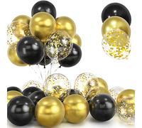 30 Piezas Globos Negros y Dorados, 12 Pulgadas Dorados Cromado Metalizados Confeti Globos, Latex Helio Negros Globos con Cinta para Cumpleaños Boda Niños Baby Shower Fiesta Decoración