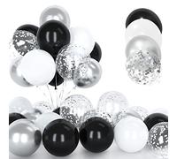 30 Piezas Globos Plateados y Blancos, 12 Pulgadas Plateados Cromado Metalizados Confeti Globos, Latex Helio Blanco y Negros Globos con Cinta para Cumpleaños Boda Niños Baby Shower Fiesta Decoración