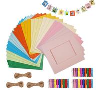 30 Piezas Marco de Fotos de Papel de Color, 9 X 9,5 cm Marco de Fotos Carton con Mini Clip De Madera y Cordel de Yute 10 Colores para Decoración de la Pared del Hogar, Bodas, Cumpleaños, Aniversarios