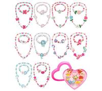 30 Piezas Set de Collar Pulsera Joyería de Princesa de Niña, 10 Sets Pulsera Collar de Cuentas de Niñas y 10 Anillos con Caja Plástico en Forma Corazón para Fiesta de Disfraces Cosplay