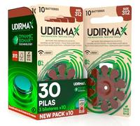 30 Pilas para Audífonos PR41 Marrones Tamaño 312 Udirmax Batteries con Tecnología Dynamic Sonar Zinc-Aire y Sin Mercurio 1.45V en Formato Eco Pack 3 Blísters Ecológicos de 10 Pila