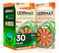 30 Pilas para Audífonos PR48 Naranjas Tamaño 13 Udirmax Batteries con Tecnología Dynamic Sonar Zinc-Aire y Sin Mercurio 1.45V en Formato Eco Pack 3 Blísters Ecológicos de 10 Pila