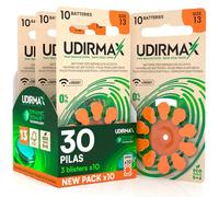 30 Pilas para Audífonos Tamaño 13 Udirmax PR48 Naranja Zinc-Air Eco Pack - 3 Ampollas Ecológicas de 10 Pilas
