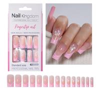 30 por ciento brillante de encaje francés prensa en las uñas largo cuadrado forma stock en manicura brillante acrílico falso para mujeres fácil aplicación de uñas