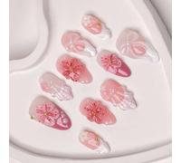 30 uñas a presión 3D con diseños florales transparentes de hielo y perlas con detalles de lazos para estilos dulces y elegantes para mujeres