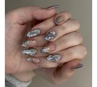 30 uñas a presión de ajuste cómodo azul mate ojo de gato plateado arte floral ABS para un aspecto elegante, niebla, color azul a presión en las uñas