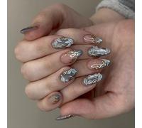 30 uñas postizas a presión de ajuste cómodo azul mate ojo de gato plateado arte floral ABS para un aspecto elegante, uñas artificiales de ojo de gato