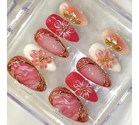 30 uñas postizas a presión para uso diario con arte de líneas doradas y acabado de hielo de albaricoque en varios tamaños