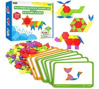 300 Bloques de Patrón de Madera para Niños, 24 Tarjetas de Diseño de Doble Cara (48 Patrones) y Bolsa de Almacenamiento en Caja de Regalo, Divertidos Juguetes de Aprendizaje Montessori