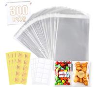 300 bolsas de celofán transparentes resellables de 10 x 15 cm, con 40 etiquetas autoadhesivas en blanco y 40 pegatinas de agradecimiento para panadería, vela, jabón, bolsas de polietileno de galletas