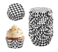 300 Cápsulas para Cupcakes con Diseño de Coches Carreras, Cápsulas a Cuadros en Blanco y Negro para Decorar Fiestas de Cumpleaños y Exhibir Postres