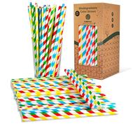 300 Pajitas de Papel biodegradables con Colores Variados, Pajita Desechables ecológicas compostables. Cañitas para Fiestas, cumpleaños y Celebraciones. Bebidas frías y Calientes