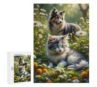 300 PCS Rompecabezas - A Serene Outdoor Scene Featuring A Playful Kitten and A Dog in A Lush Green Setting. In TH Rompecabezas para Adultos Juegos Relajantes Vacaciones En Casa Matar El Tiempo Oferta