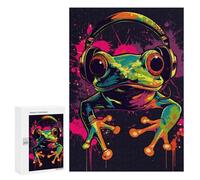 300 PCS Rompecabezas Colorful Frog Headphones Art Print Rompecabezas para Adultos Juguetes Antiestrés Vacaciones En Casa Matar El Tiempo Interacción Entre Padres E Hijos 300 PCS