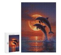 300 PCS Rompecabezas Dolphins Jumping Against Full Moon Rompecabezas para Adultos Juguetes Antiestrés Vacaciones En Casa Matar El Tiempo Interacción Entre Padres E Hijos 300 PCS