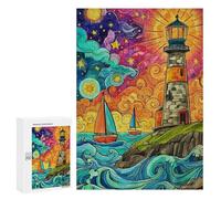 300 PCS Rompecabezas Lighthouse Ocean Waves Painting Rompecabezas para Adultos Alivia El Estrés Interacción Entre Padres E Hijos Cumpleaños Y Navidad 300 PCS