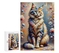 300 PCS Rompecabezas Para Adolescentes A Stylized, Realistically Detailed Image of A Fluffy Cat Sitting Upright, Wearing A Luxuri Rompecabezas Para Adultos Rompecabezas Difícil Difícil Desafiante De C