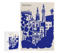 300 PCS Rompecabezas para Adolescentes Barcelona Cityscape Blue Silhouette Illustration Rompecabezas para Adolescentes Desafío Difícil Desafío Educativo Diversión Familiar Y Noche De Juegos 300 PCS