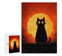 300 PCS Rompecabezas para Adolescentes Black Cat Silhouette with Orange Moon Juegos Familiares De Rompecabezas para Adultos Que Mejoran La Memoria Ayudan A Ejercitar El Cerebro 300 PCS