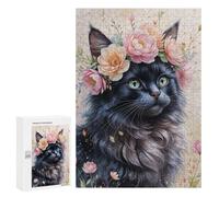 300 PCS Rompecabezas para Adolescentes Black Cat with Flower Crown Watercolor Rompecabezas Juegos Relajantes Pero Divertidos Y Humorísticos Cumpleaños Y Navidad 300 PCS