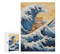300 PCS Rompecabezas para Adolescentes Cat Surfing Japanese Wave Rompecabezas para Adultos Juegos Relajantes Mejora La Memoria Interacción Entre Padres E Hijos 300 PCS