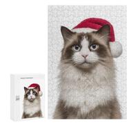 300 PCS Rompecabezas para Adolescentes Christmas Ragdoll Cat with Santa Hat Rompecabezas para Adultos Juegos Familiares Desafío Difícil Ayuda A Ejercitar El Cerebro 300 PCS