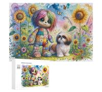 300 PCS Rompecabezas para Adolescentes Colorful Patchwork Doll with Shih Tzu in Sunflower Field Rompecabezas para Adolescentes Juguetes Antiestrés Vacaciones En Casa Matar El Tiempo Desafío Educativo