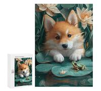 300 PCS Rompecabezas para Adolescentes Corgi Puppy with Frog on Lilypad Rompecabezas para Adultos Juegos Relajantes Que Mejoran La Memoria Actividades Divertidas En Casa 300 PCS
