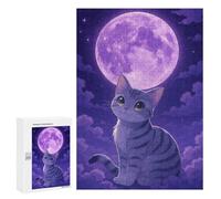 300 PCS Rompecabezas para Adolescentes Cute Cat Under Purple Moon Rompecabezas para Adultos Juegos De Relajación Decoración De Pared Ayuda A Ejercitar El Cerebro 300 PCS