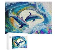 300 PCS Rompecabezas para Adolescentes Dolphins in Colorful Waves Rompecabezas para Adultos Juego Práctico Desafío Difícil Cumpleaños Y Navidad 300 PCS
