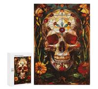 300 PCS Rompecabezas para Adolescentes Flower Skull Stained Glass Juegos Familiares De Rompecabezas para Adultos Que Mejoran La Memoria Ayudan A Ejercitar El Cerebro 300 PCS