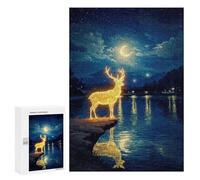 300 PCS Rompecabezas para Adolescentes Glowing Deer by Lake at Night Rompecabezas para Adultos Juego Práctico Difícil Interacción Entre Padres E Hijos 300 PCS