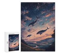 300 PCS Rompecabezas para Adolescentes Magical Whales Flying Over Landscape at Sunset Rompecabezas Juegos Relajantes Desafío Difícil Desafiante De Completar 300 PCS