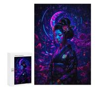300 PCS Rompecabezas para Adolescentes Neon Geisha with Floral Background Japan Rompecabezas Juegos Relajantes Pero Divertidos Y Humorísticos Cumpleaños Y Navidad 300 PCS