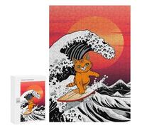 300 PCS Rompecabezas para Adolescentes Orange Cat Surfing Giant Wave Rompecabezas para Adultos Juegos Relajantes Que Mejoran La Memoria Actividades Divertidas En Casa 300 PCS