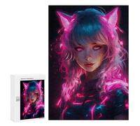 300 PCS Rompecabezas para Adolescentes Rompecabezas Anime Cat Girls Neon Pink Juego Práctico De Rompecabezas para Mejorar La Memoria para Cumpleaños, Navidad 300 PCS