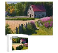 300 PCS Rompecabezas para Adolescentes Rustic Stone Barn with Vibrant Pink Flowers Rompecabezas para Adolescentes Juguetes Antiestrés Vacaciones En Casa Matar El Tiempo Desafío Educativo 300 PCS