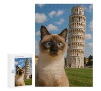 300 PCS Rompecabezas para Adolescentes Siamese Cat with Leaning Tower Rompecabezas para Adultos Juego Práctico Difícil Interacción Entre Padres E Hijos 300 PCS