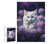 300 PCS Rompecabezas para Adolescentes White Cat with Purple Flowers Rompecabezas para Adultos Juegos Divertidos Regalo De Cumpleaños Cumpleaños Y Navidad 300 PCS